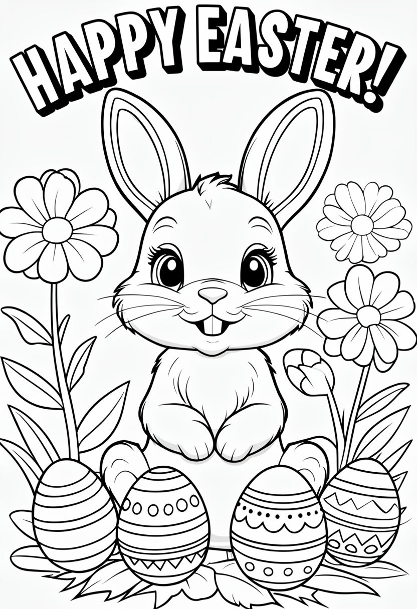 Joyful Bunny with Easter Eggs and Flowers Coloring Page