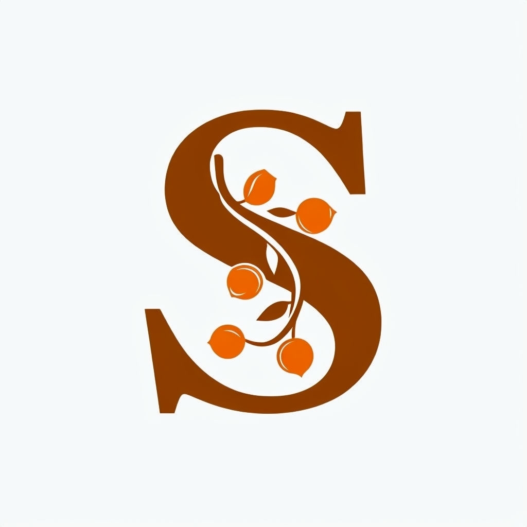 Elegant Brown S Monogram with Vibrant Orange Fruit Vine Design Monogram