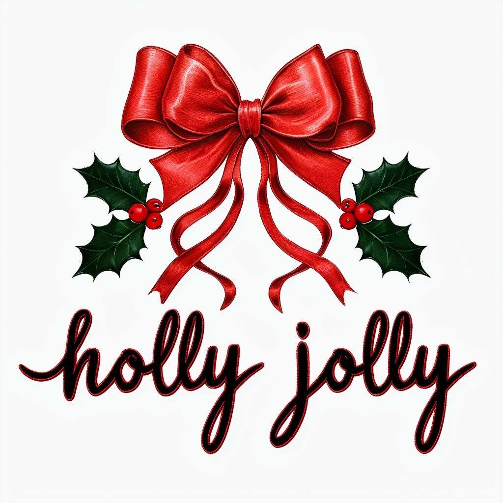 Vibrant Red Bow with Holly Leaves and 'Holly Jolly' Text Poster