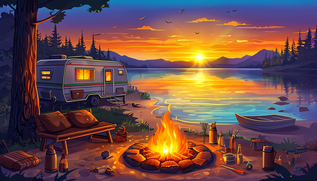 Serene Lakeside Camping Scene at Sunset Art Poster