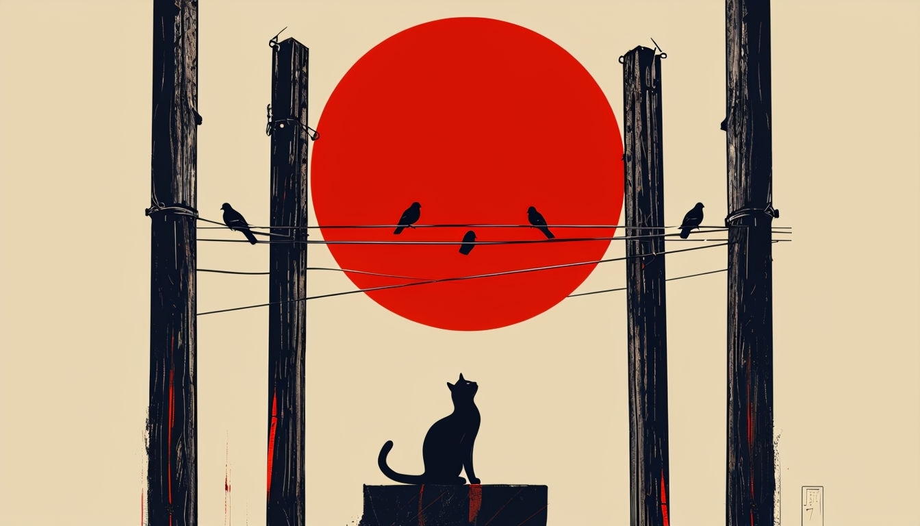 Minimalist Red Circle with Birds and Cat Silhouette Background