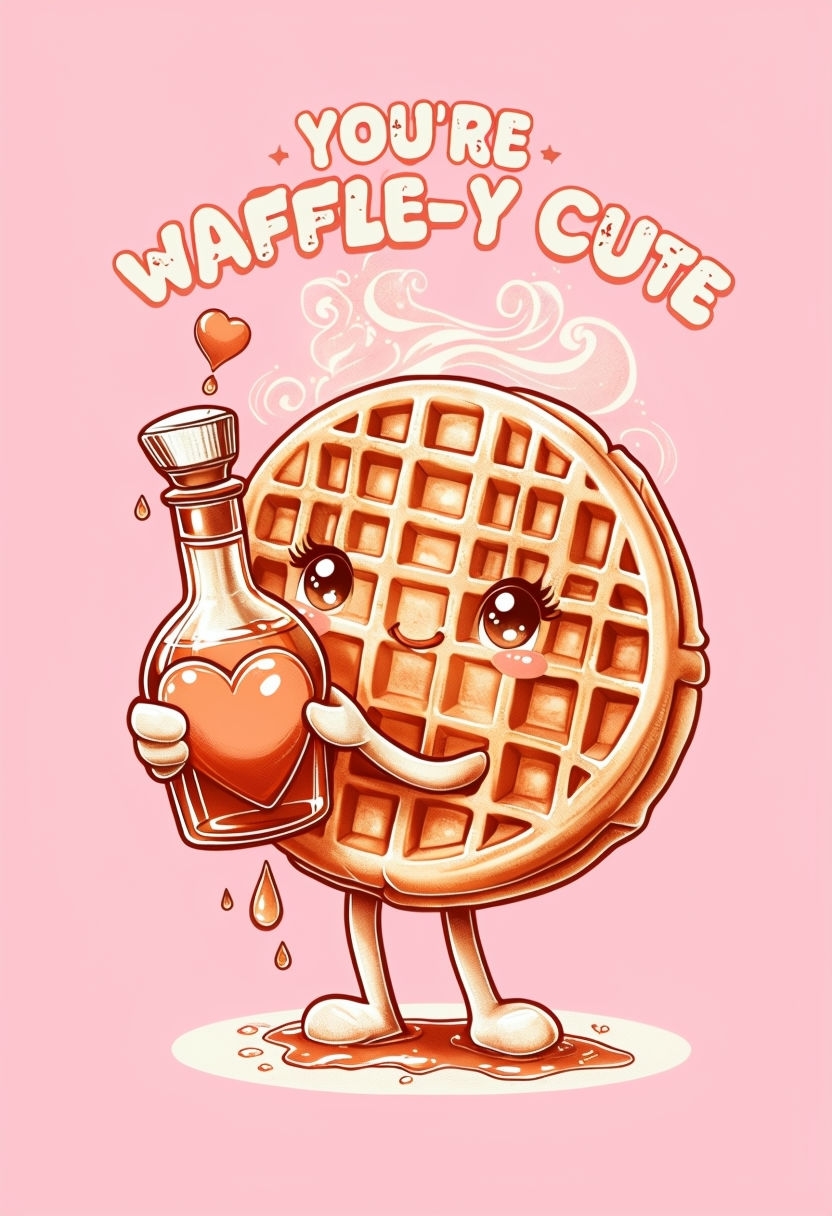 Waffle Holding Heart Syrup Bottle Cute Illustration T-shirt