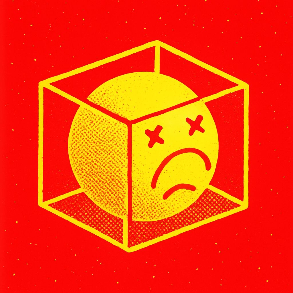 Minimalist Yellow Sphere with Sad Face Inside Geometric Cube Art