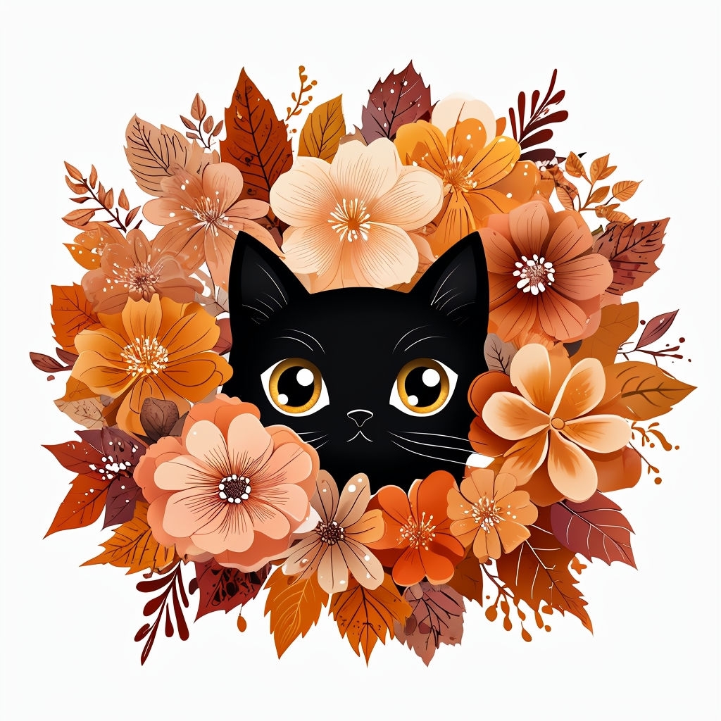 Whimsical Black Cat Surrounded by Autumn Flowers Mug