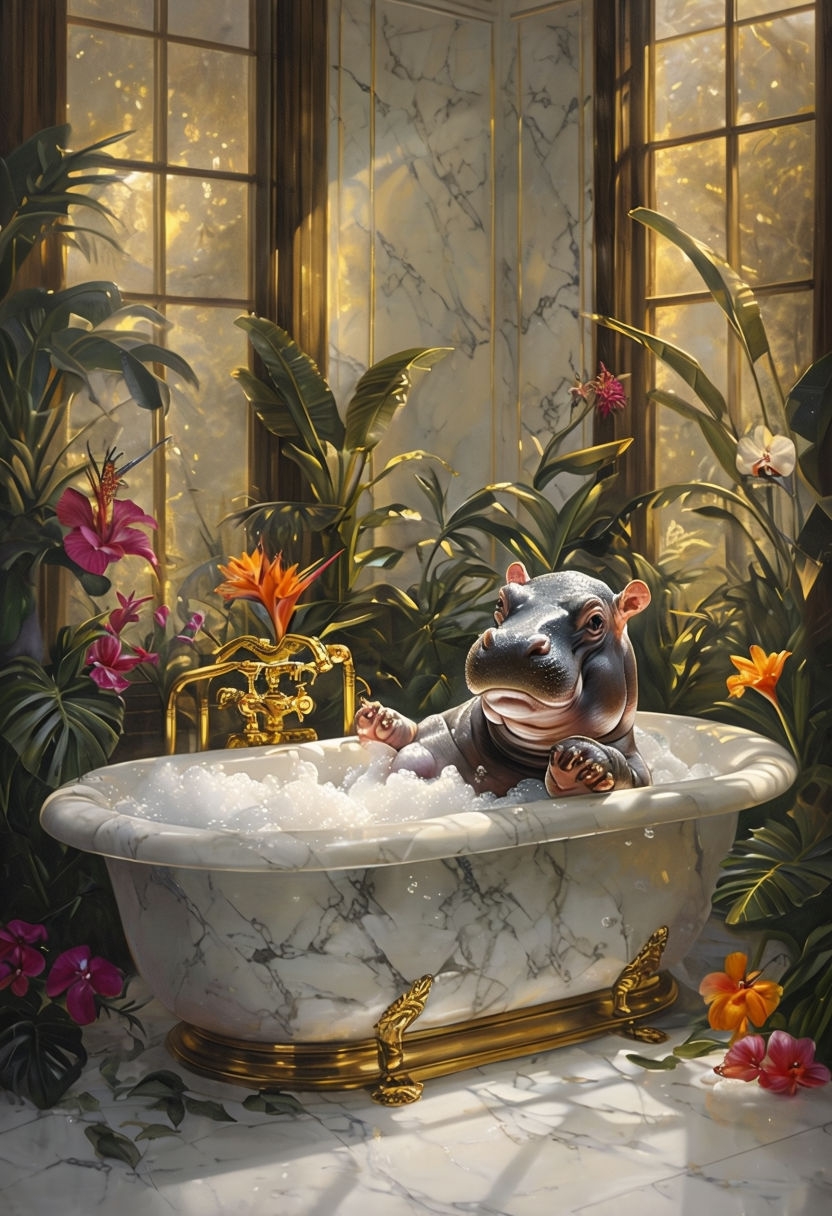 Surreal Baby Hippo in Luxurious Marble Bathroom Painting Art