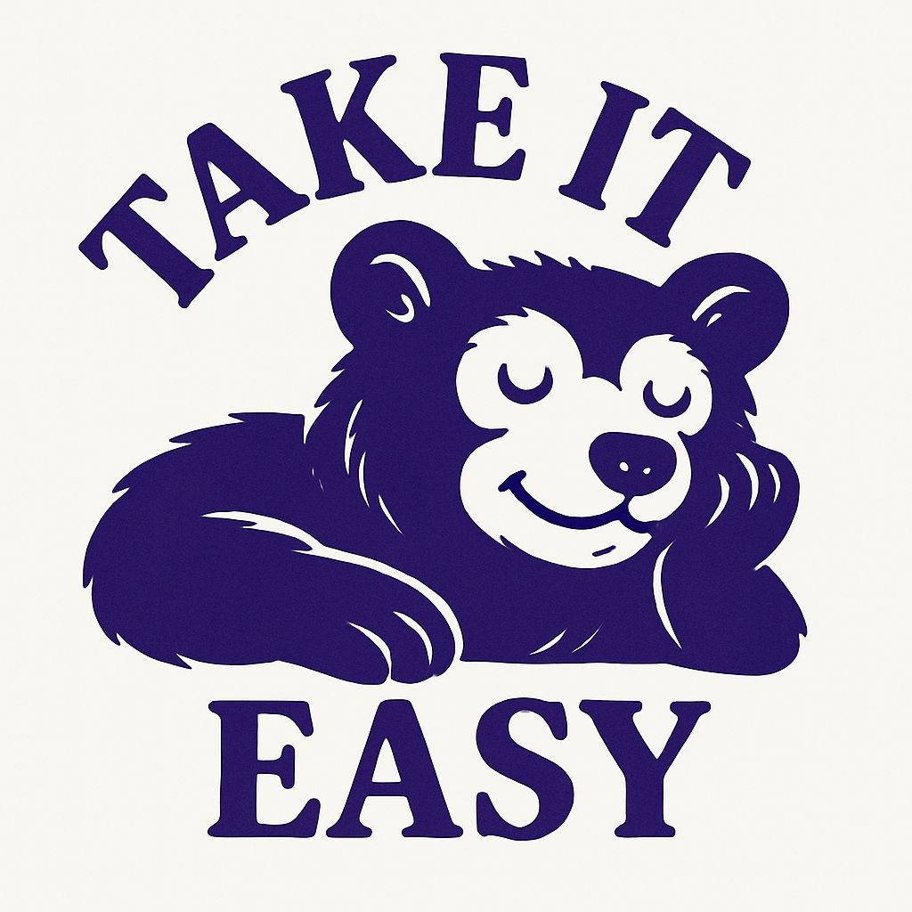 Relaxed Purple Cartoon Bear with Take It Easy Text Mug