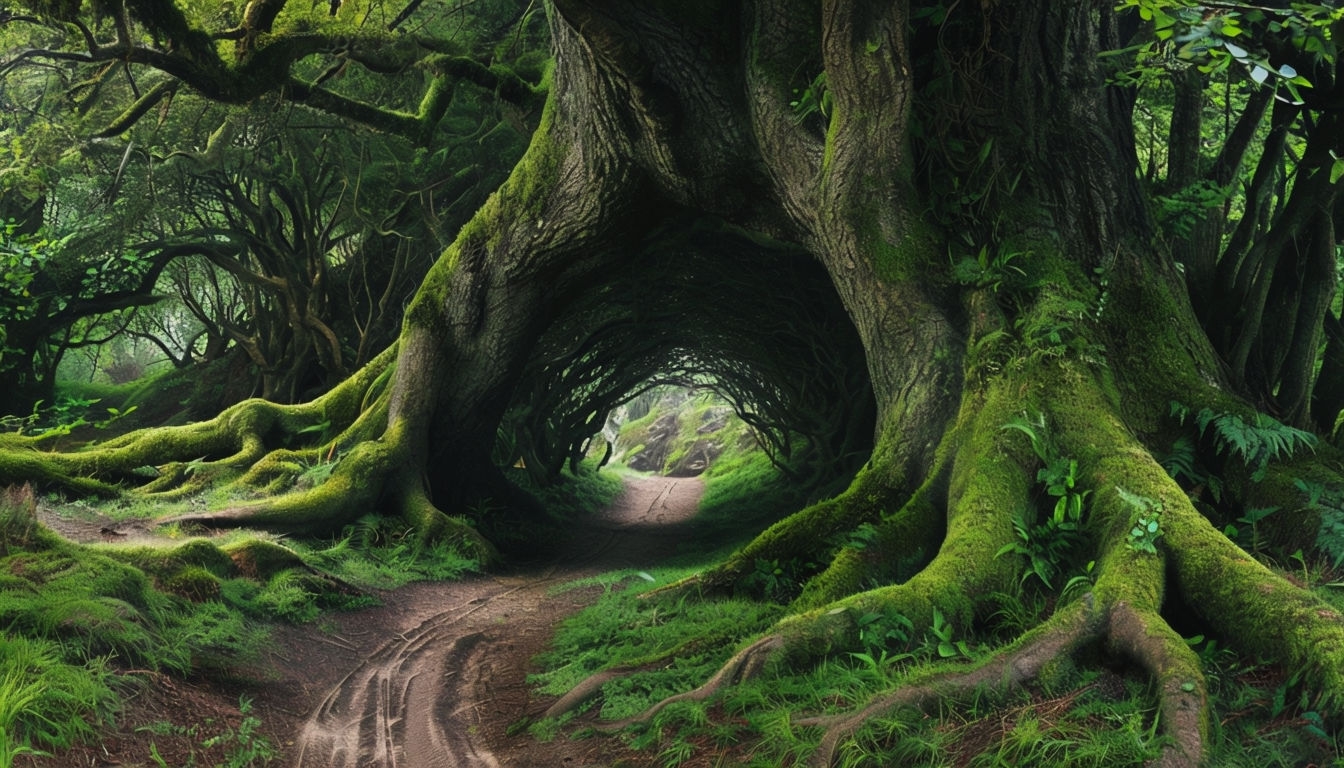 Enchanting Forest Scene with Large Tree Virtual Background