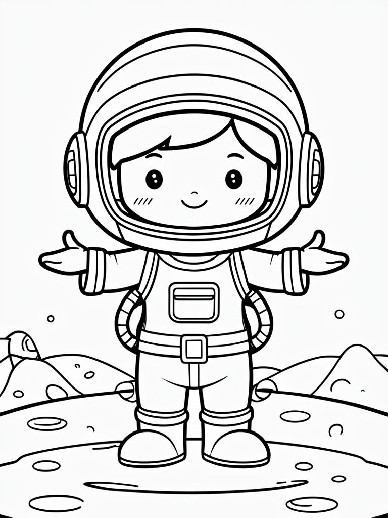 Cute Cartoon Astronaut in Alien Landscape Coloring Page