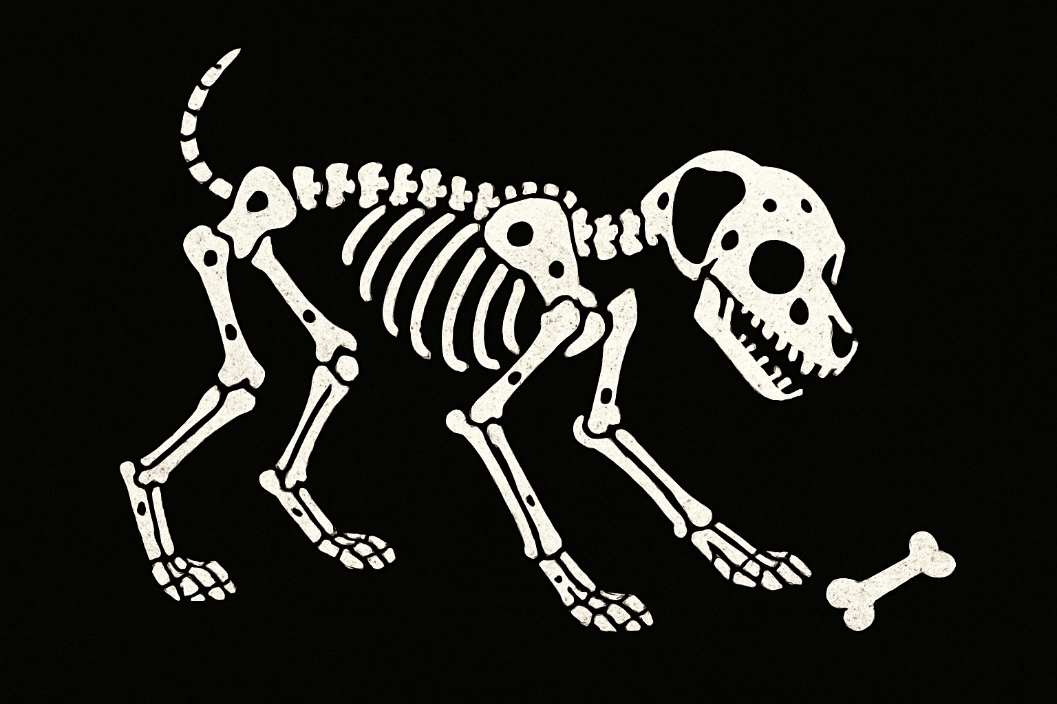 Detailed White Dog Skeleton Illustration on Black Background Art