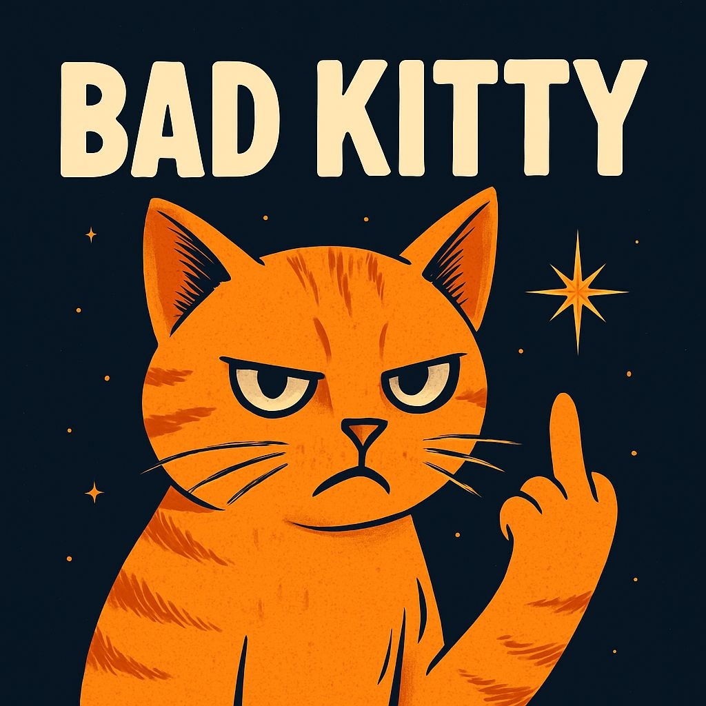 Angry Orange Tabby Cat with Bad Kitty Text Cartoon T-Shirt