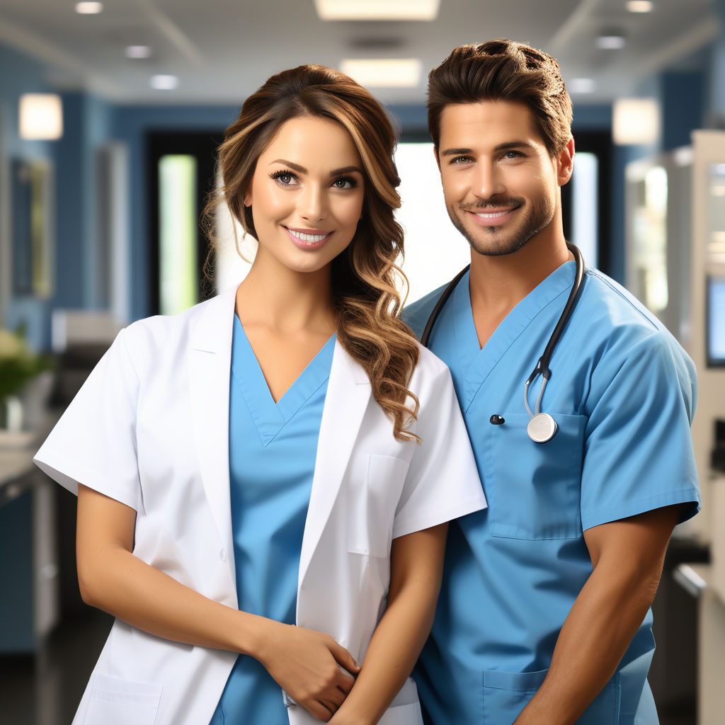 a brunette woman with a very pretty face in the form of a sexy nurse is  standing next to the patient. She is dressed in a transparent uniform . In  the background