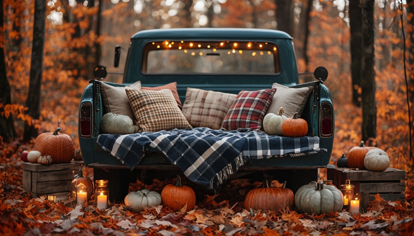 Vintage Teal Pickup Truck in Cozy Autumn Forest Scene Art