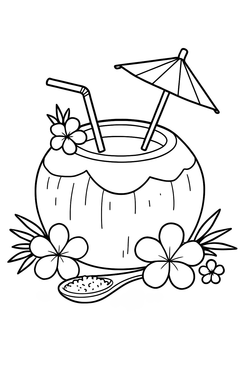Tropical Coconut Drink with Flowers and Umbrella Coloring Book Pages