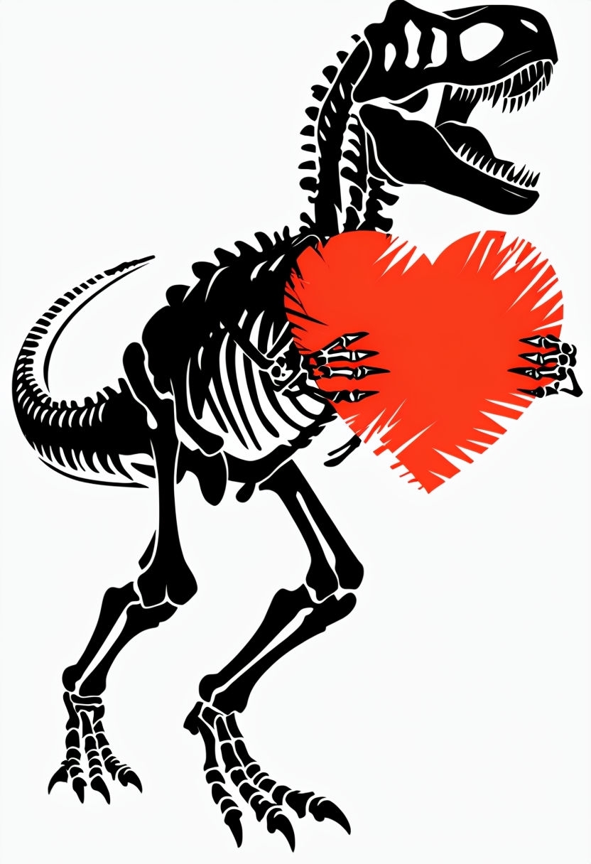 Dynamic Black and White T-Rex Holding Heart Illustration Poster