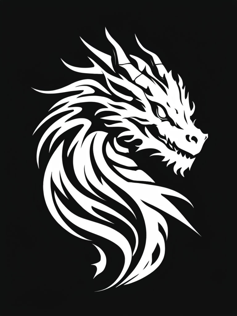 Intricate Black and White Dragon Head Silhouette T-shirt