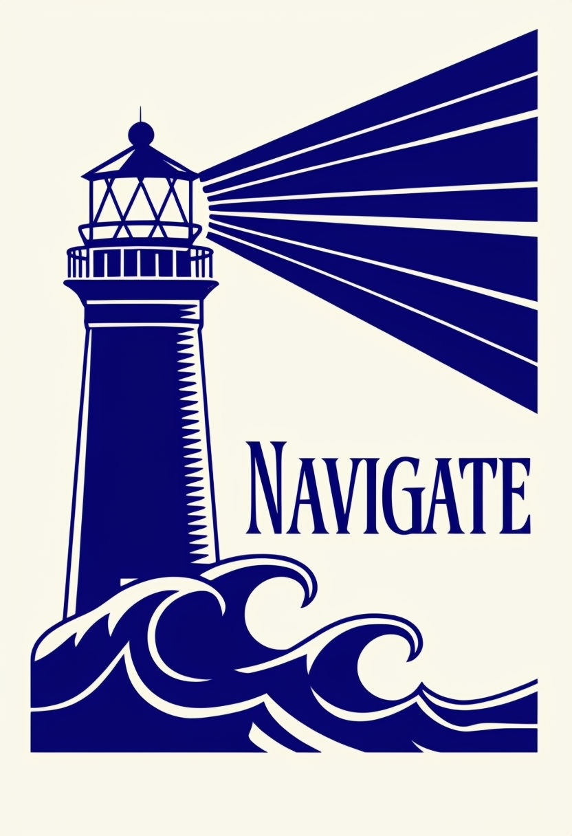 Stylized Navy Blue Lighthouse with Light Beam and Navigate Text Poster