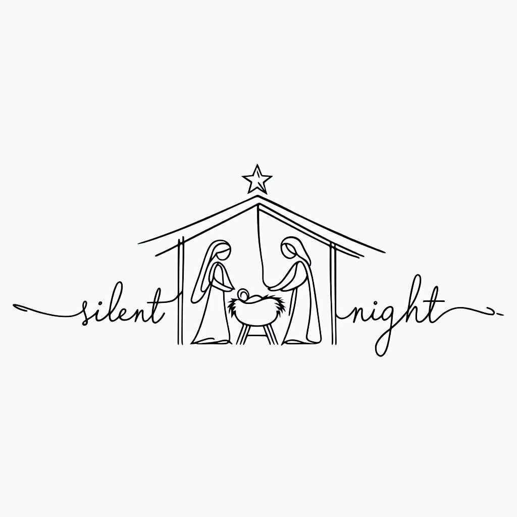 Minimalist Continuous Line Nativity Scene with Silent Night Artwork Mug