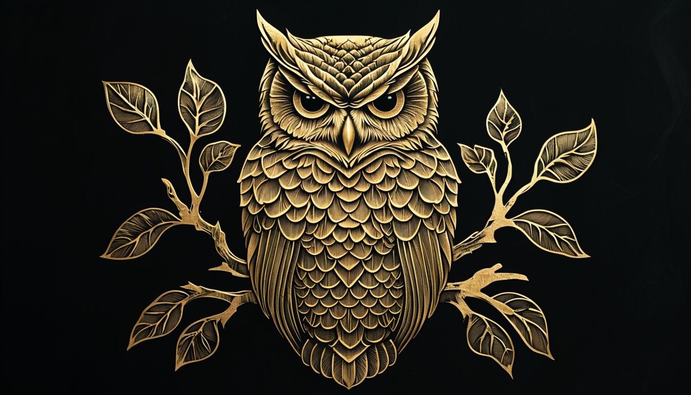 Majestic Golden Owl Perched on Branch Digital Background Art Virtual Backgrounds
