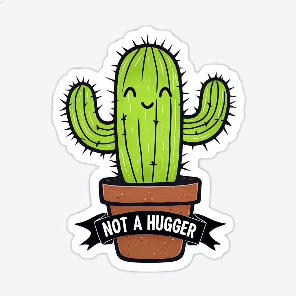 Cheerful Lime Green Cactus with Not a Hugger Phrase Sticker