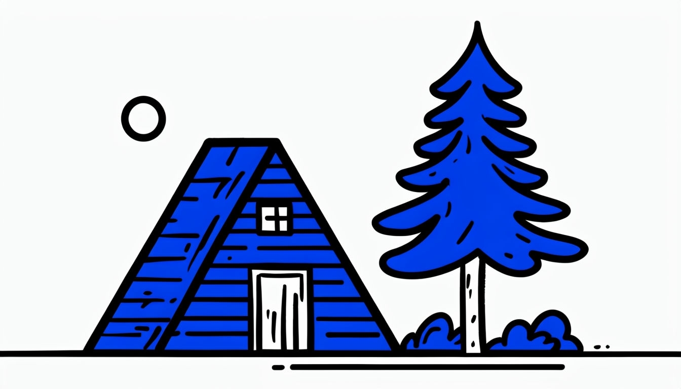 Vibrant Blue Minimalist Cabin and Tree Illustration Background