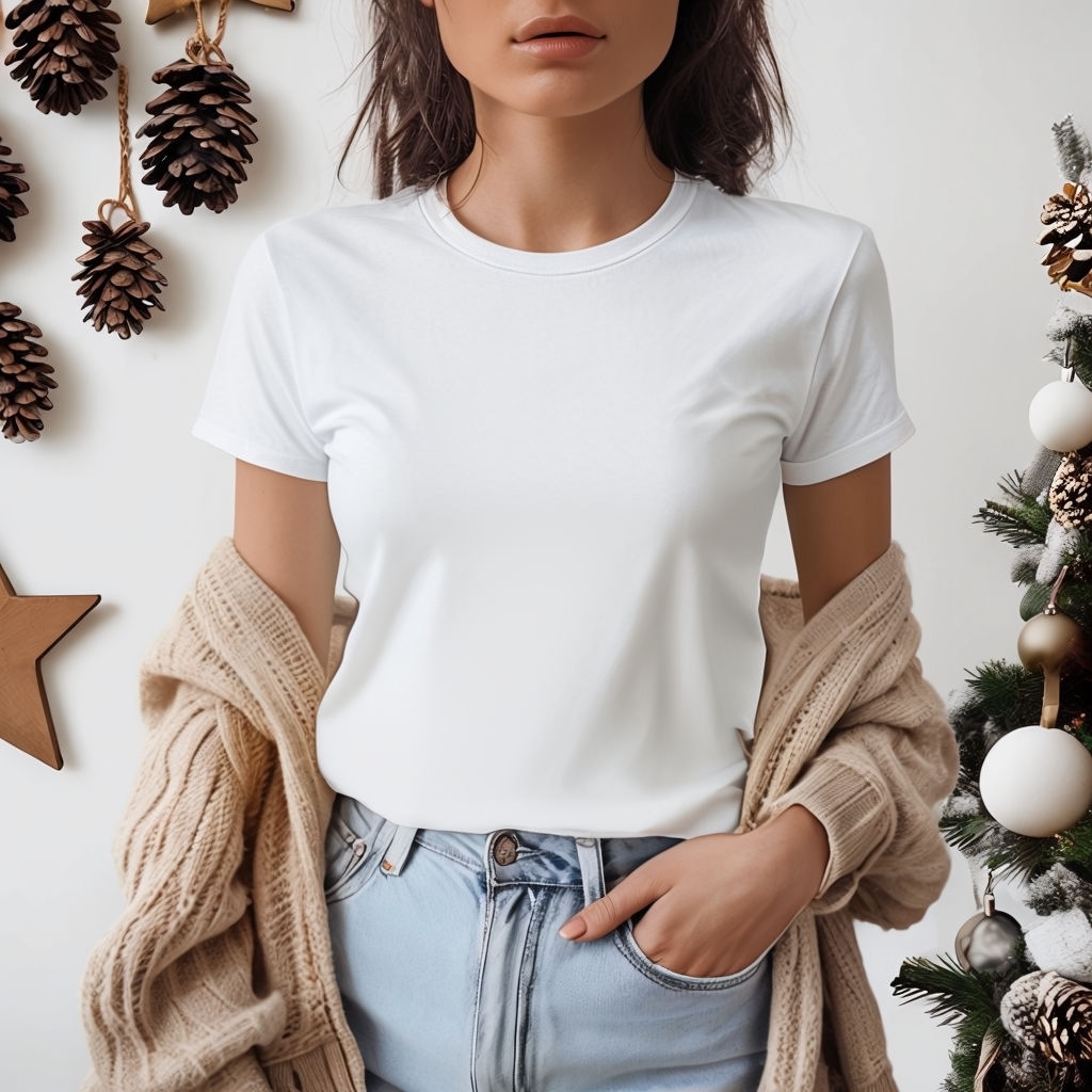 Cozy Winter Fashion Woman with Blank T-Shirt Mockup