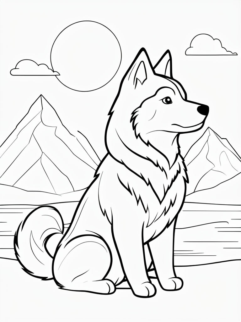 Cartoon Husky Dog with Mountains and Clouds Coloring Page