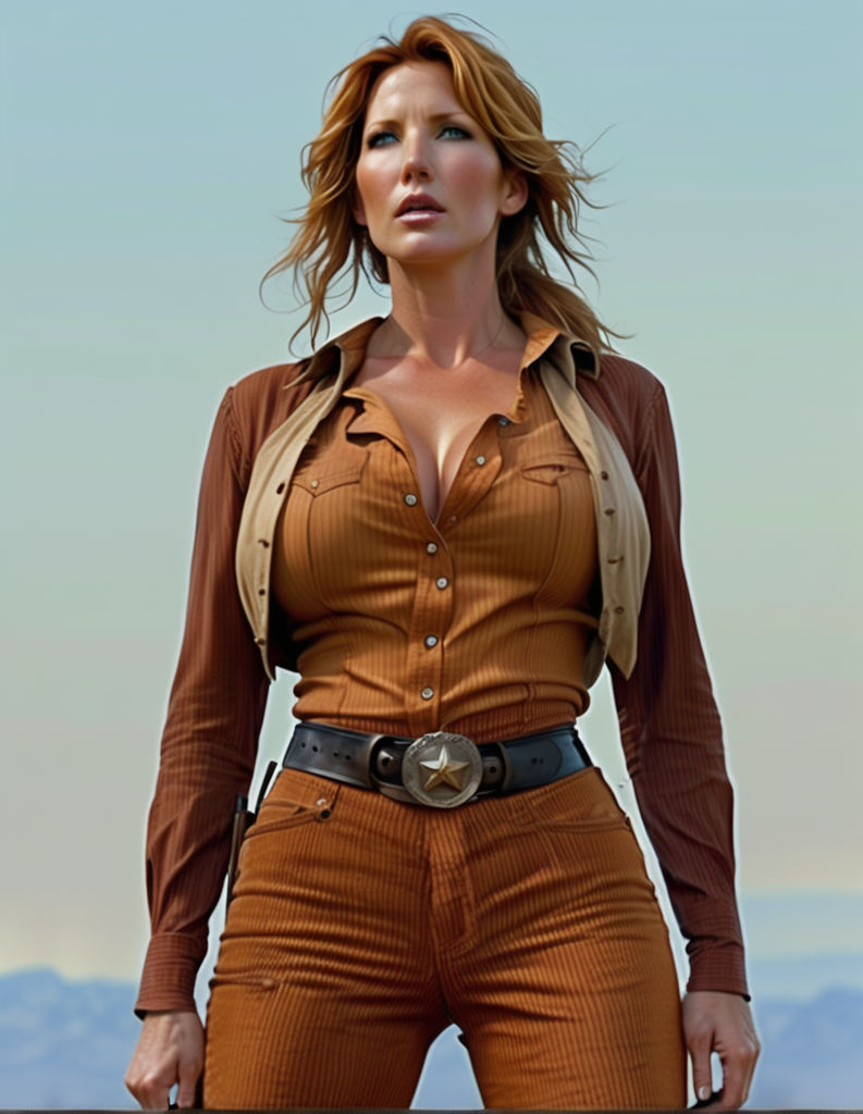 a photo of sexy kelly reilly as beth dutton as cowgirl in purple suede and  jeans