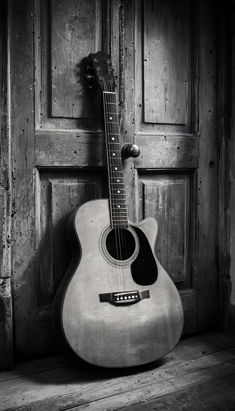 Rustic Black and White Acoustic Guitar Against Weathered Door Mobile Wallpaper
