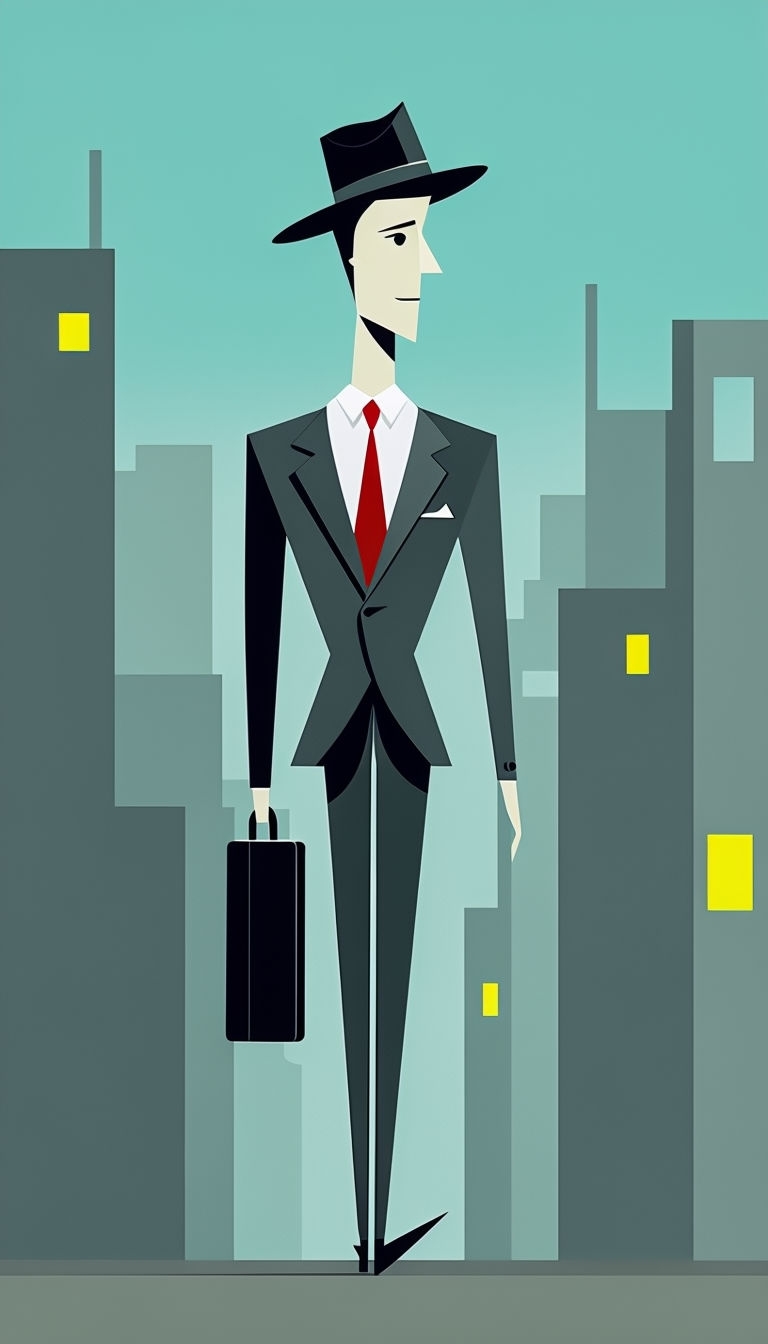 Dapper 1950s Man About Town Illustration in Stylish City Scene Art