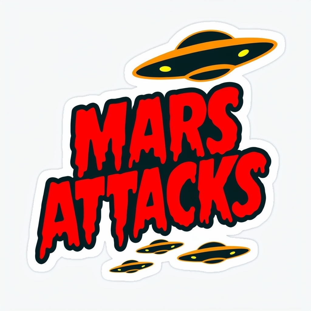 Vibrant Retro Mars Attacks Graphic with Cartoon UFOs Sticker