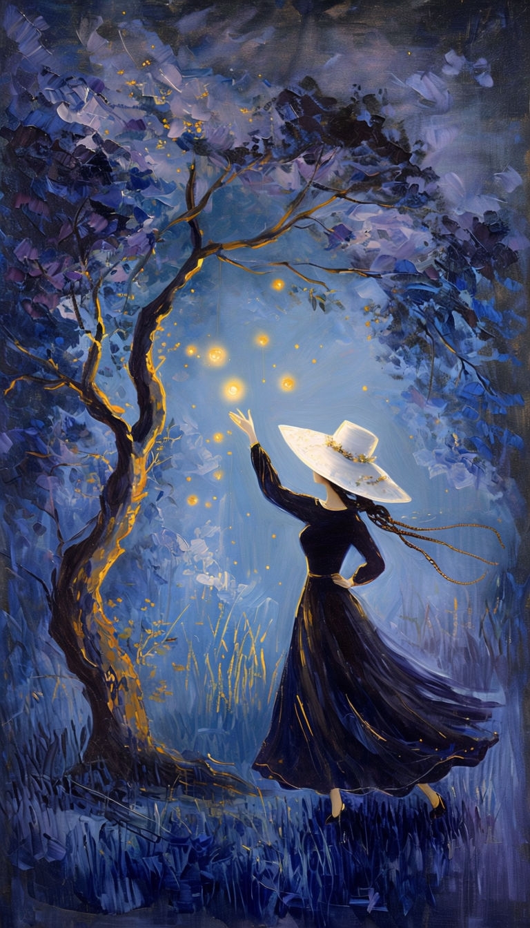 Mystical Ethereal Woman Reaching for Glowing Orbs at Night Mobile Wallpaper