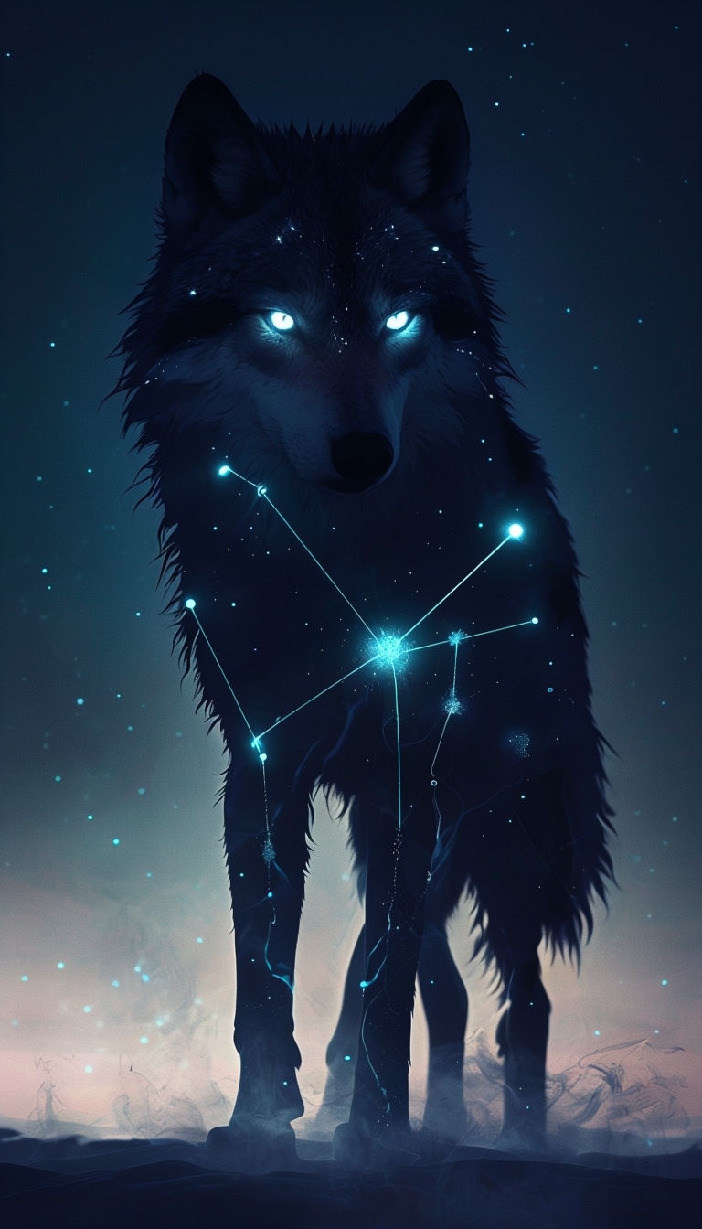 Ethereal Lone Wolf Silhouette with Celestial Patterns Mobile Wallpaper