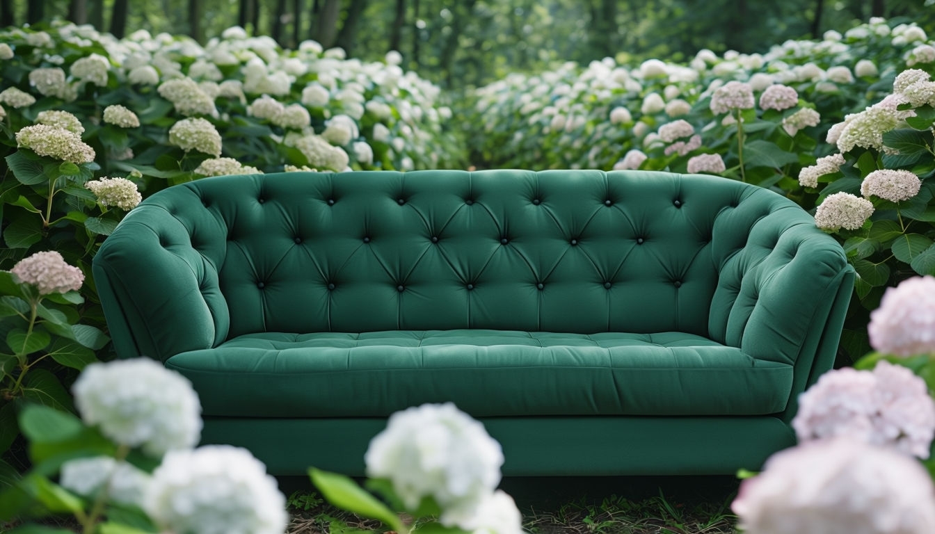 Serene Forest Green Sofa Surrounded by Hydrangeas Background