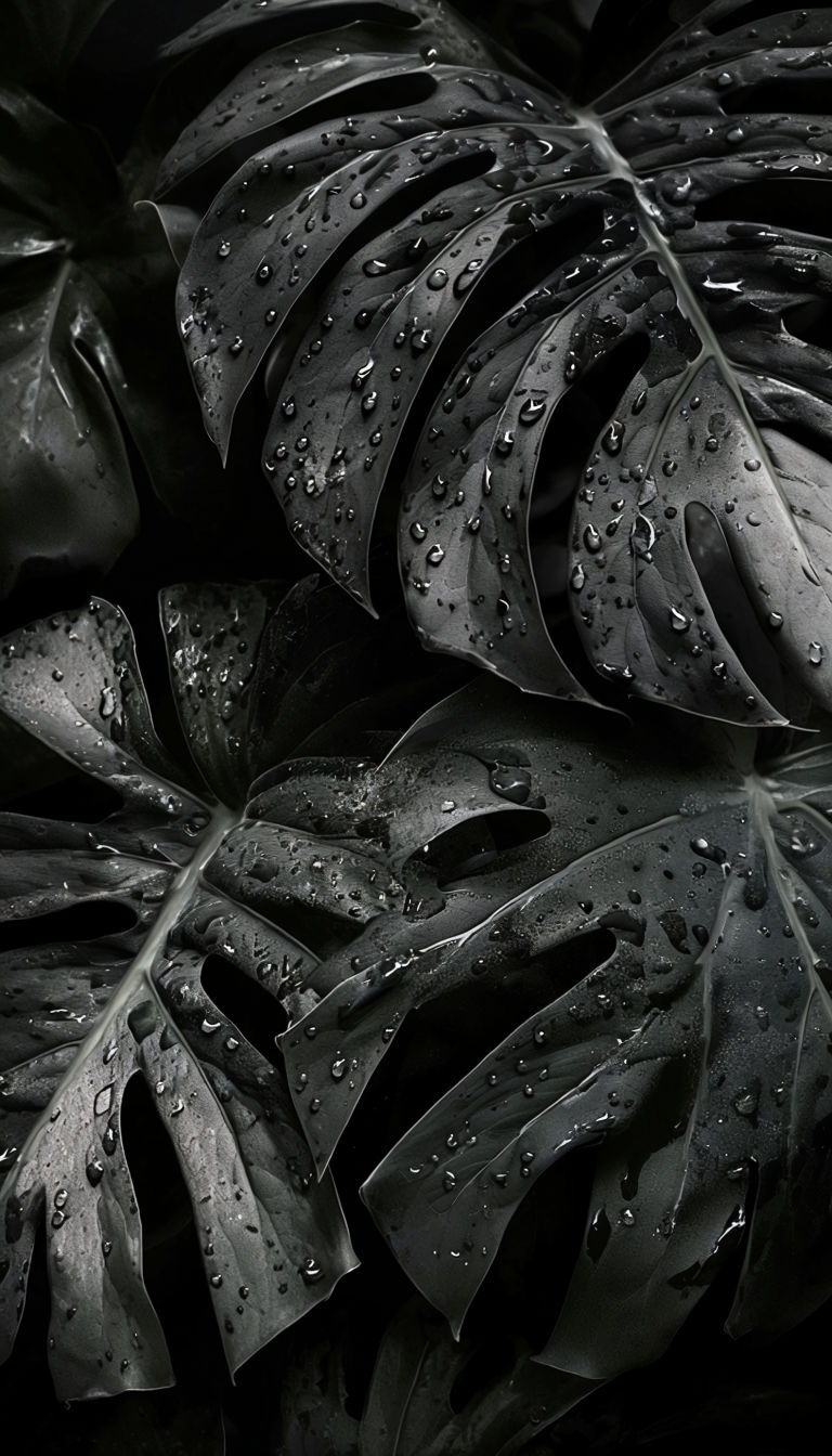 Dark Green Monstera Leaves Close-Up with Water Droplets Mobile Wallpaper