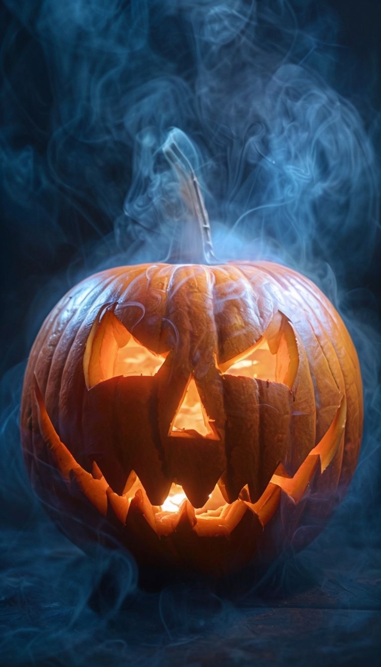 Eerie Glowing Jack-O'-Lantern Surrounded by Mystical Smoke Mobile Wallpaper