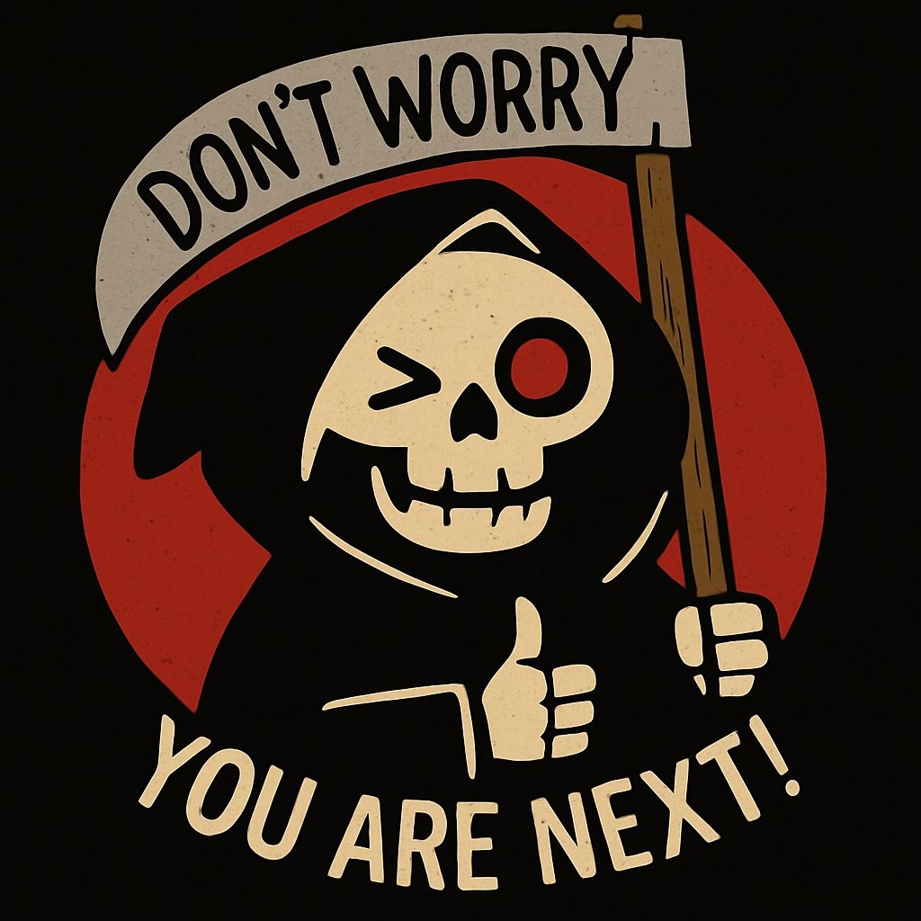 Playful Cartoon Death with Scythe and Witty Text T-Shirt