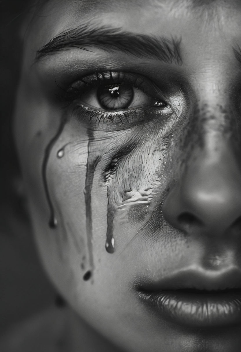 Emotional Black and White Close-Up of Tear-Streaked Face Art