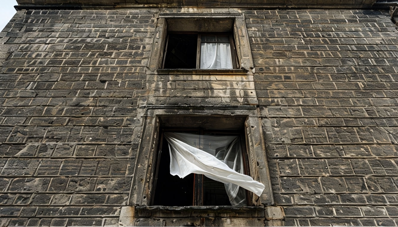 Old Stone Building Facade with Free-Flowing Curtains Background