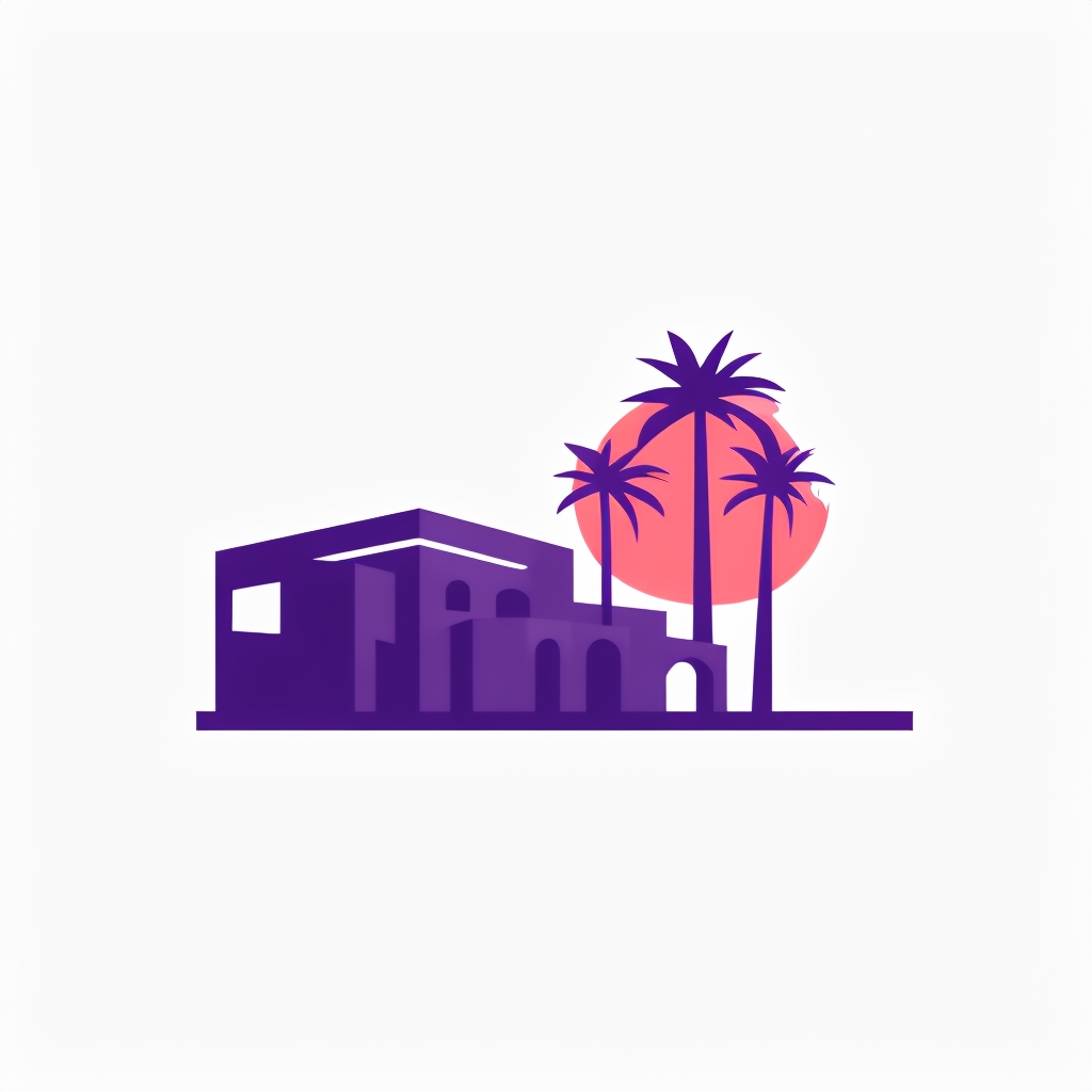 Purple Modern Architecture Logo with Palm Trees and Sun