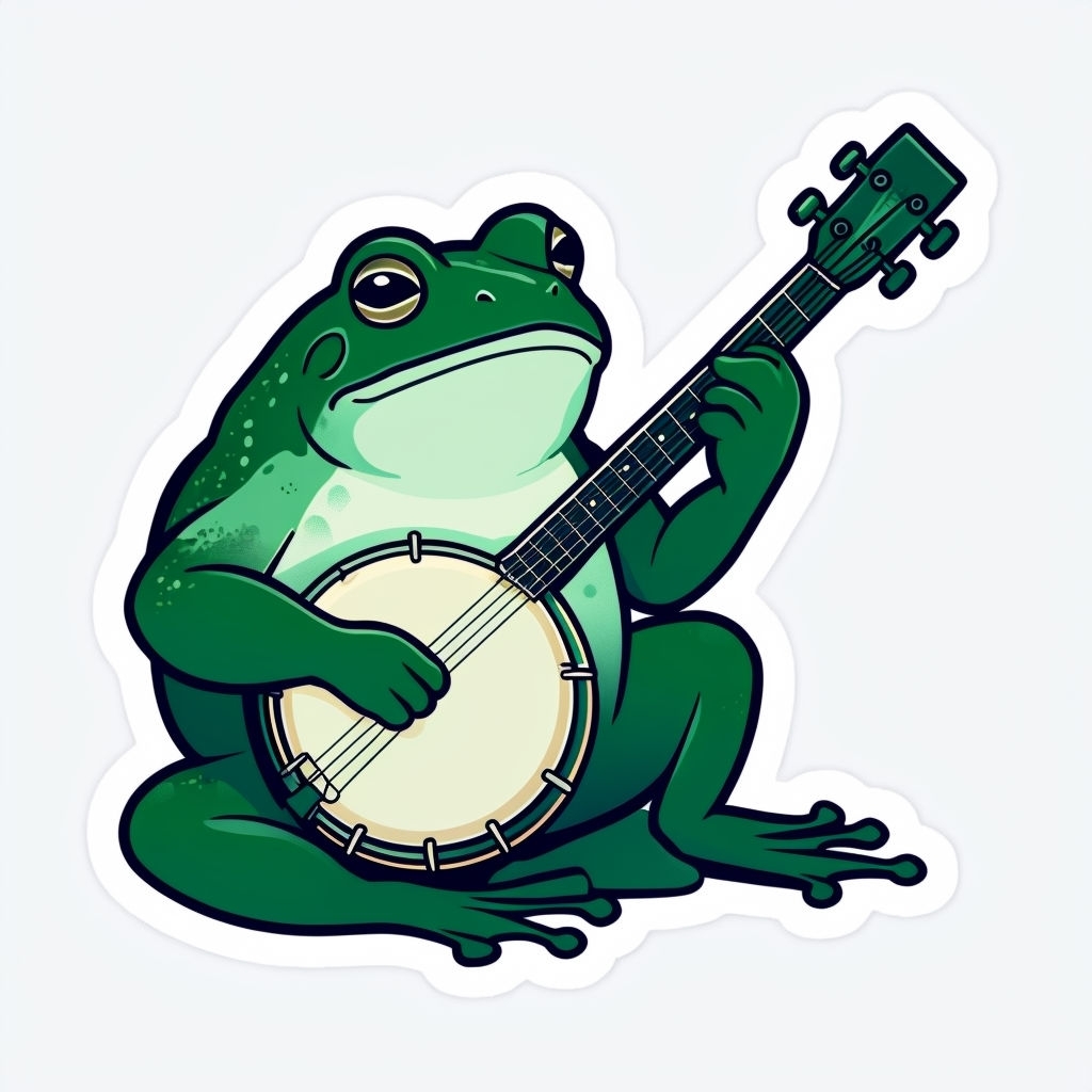 Whimsical Cartoon Green Frog Playing Banjo Sticker