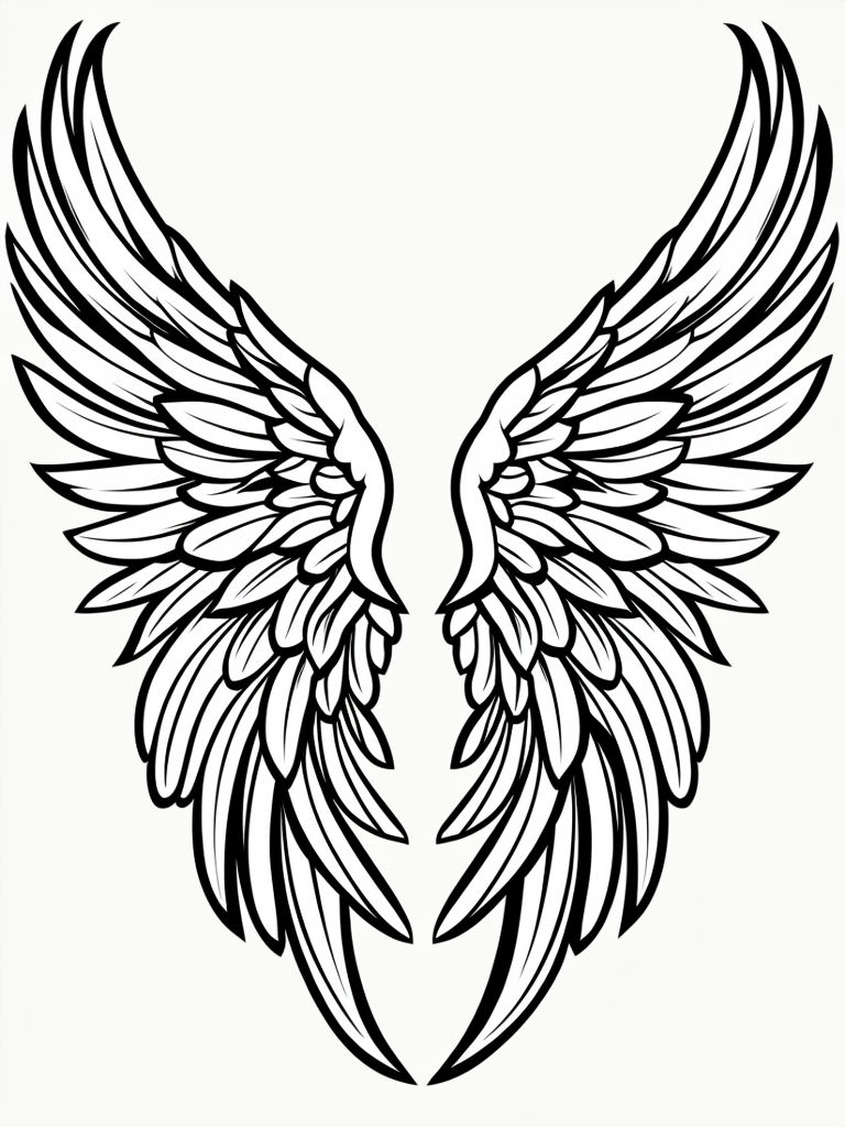 Intricate Black and White Angel Wings Illustration Coloring Book Pages