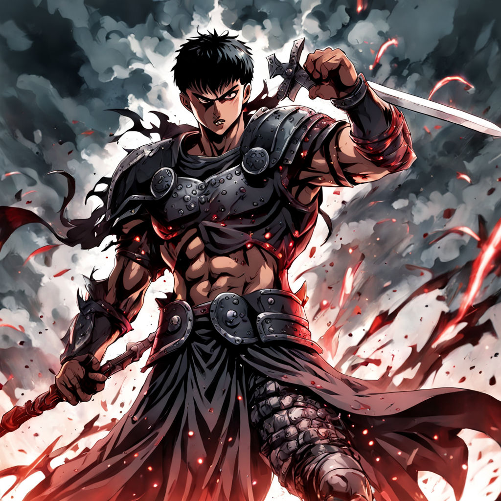 Anime berserk Guts warrior manga dynamic action pose by Sara N - Playground