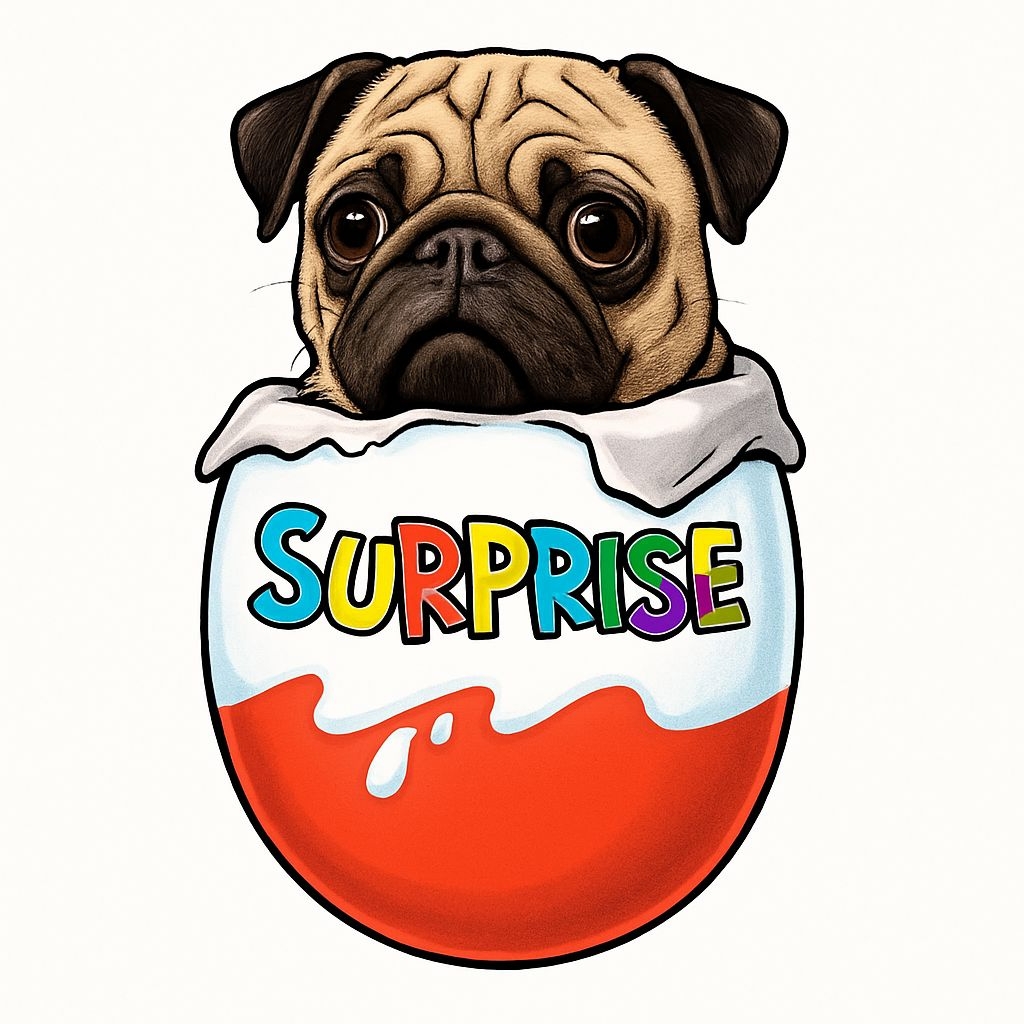Surprised Pug Peeking from Chocolate Egg with Colorful 'SURPRISE' Sticker