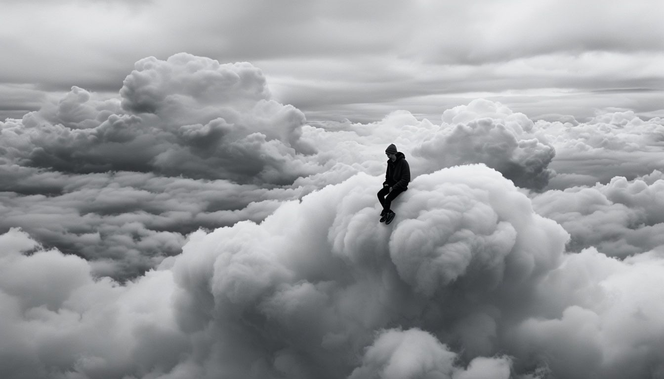 Surreal Black and White Cloudscape with Contemplative Figure Background