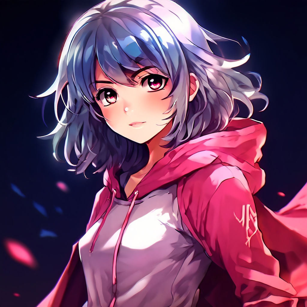 beautiful anime girl posing for camera flowers red purple color dark  looking left light skin color purple and blue hair