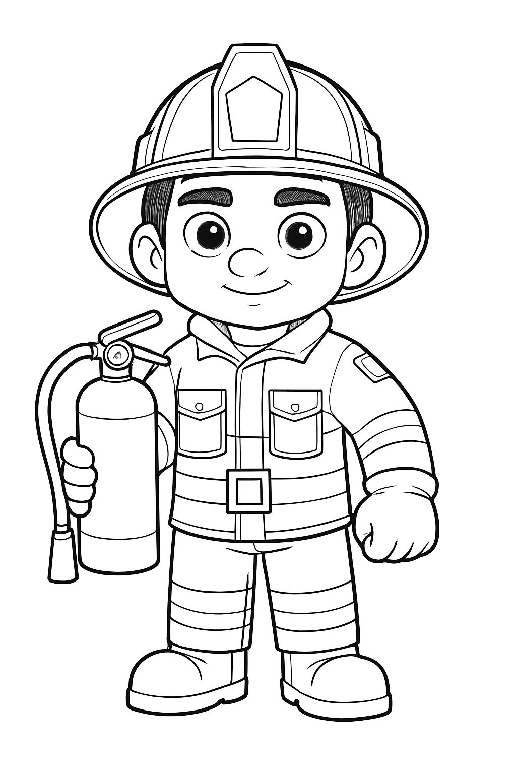 Cartoon Young Firefighter Character Line Drawing for Coloring Book Pages