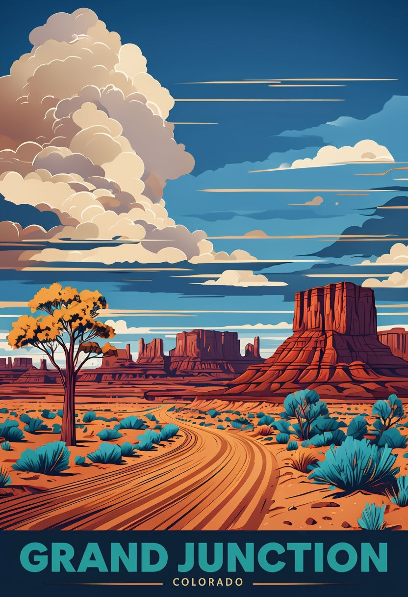 Vibrant Grand Junction Colorado Desert Landscape Illustration Poster