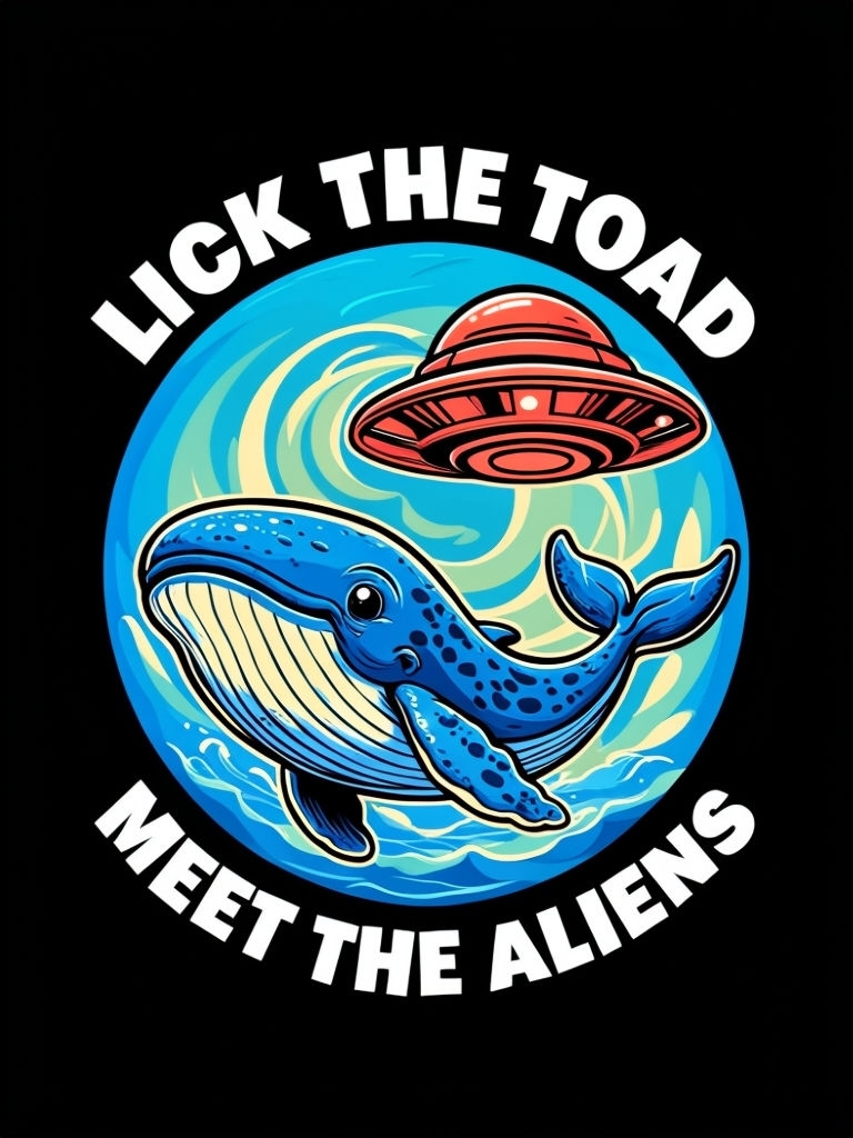 Vibrant Blue Whale and UFO Cartoon T-Shirt