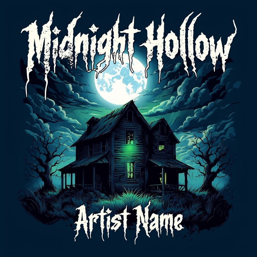 Eerie Midnight Hollow Farmhouse under Full Moon Album Cover