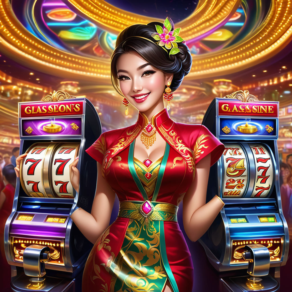 Singaporean casino-themed slot characters exhibiting beaming smiles, vibrant attire, traditional Singaporean jewelry, amidst the lively atmosphere of casino lights, slot machine details glistening, bustling gamblers in the soft-focused background, rich colors, high contrast, digital painting, ultra-clear.